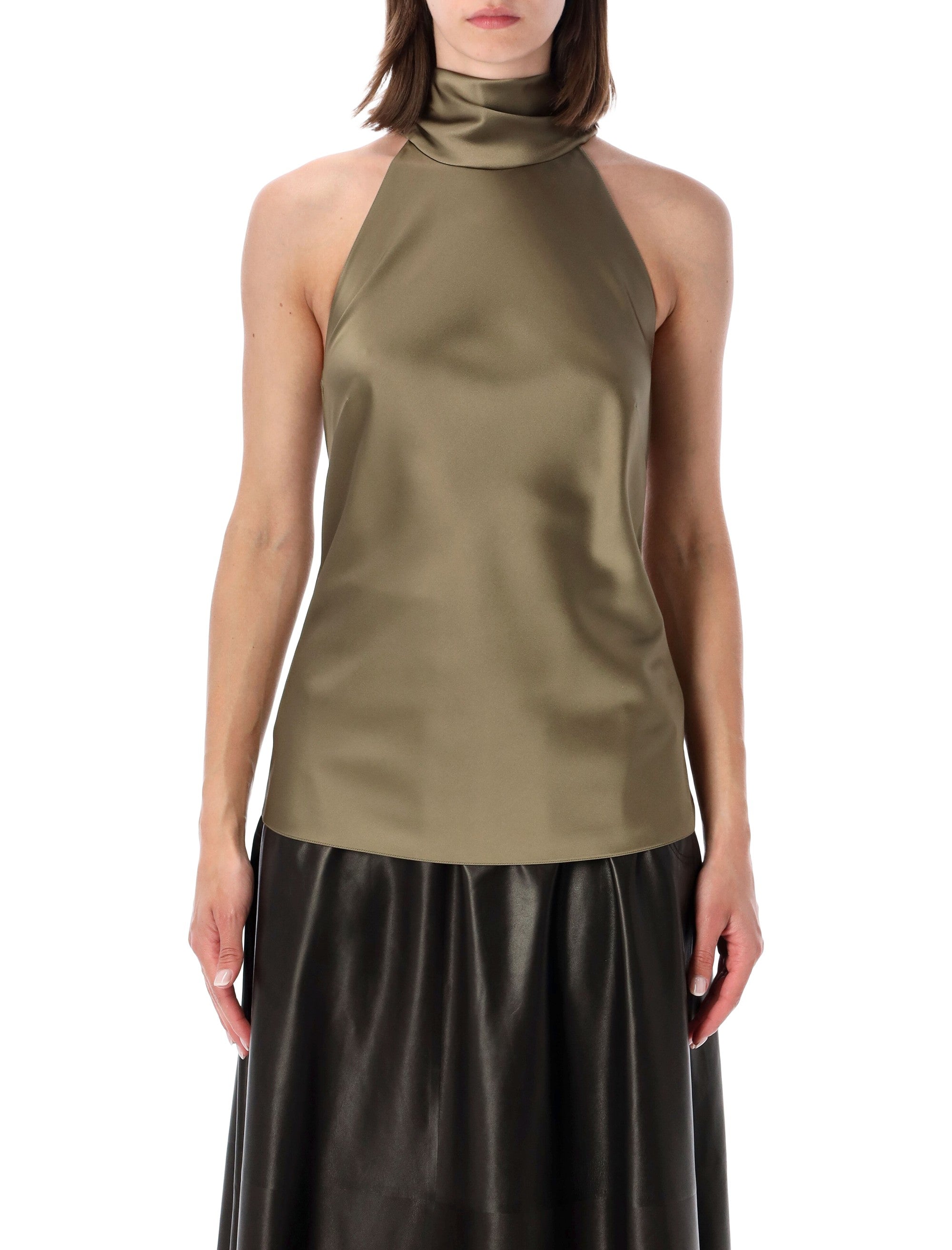 Refined Satin Halter Blouse with Draped High Neck and Long Scarf Detail