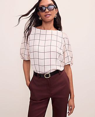 Ann Taylor Petite Windowpane Boatneck Popover Top