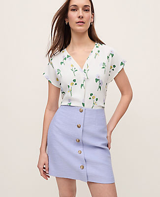 Ann Taylor Floral Mixed Media Pleat Front Top