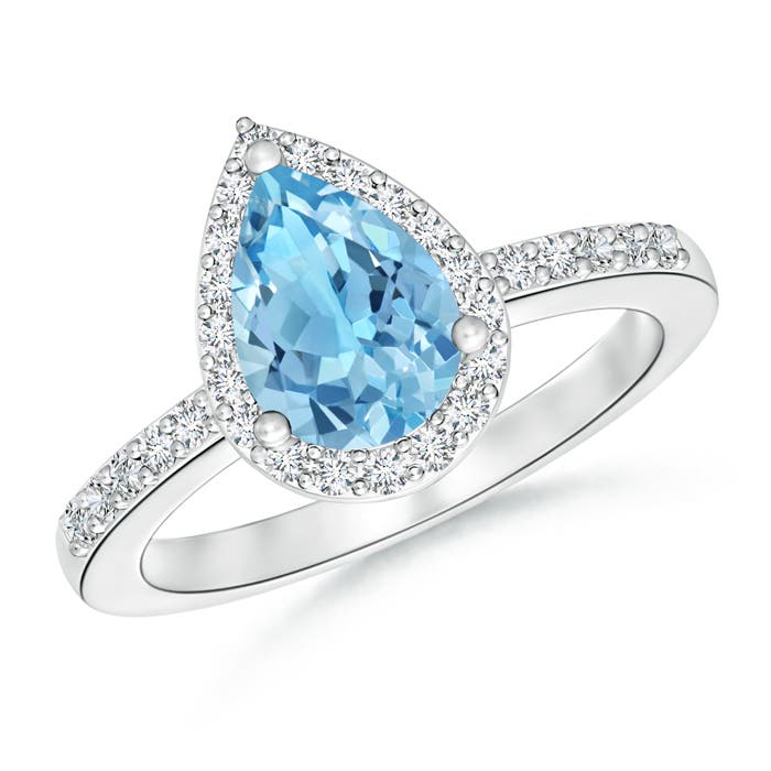 Angara 1.65 Carats Pear Swiss Blue Topaz Ring with Diamond Halo in Platinum
