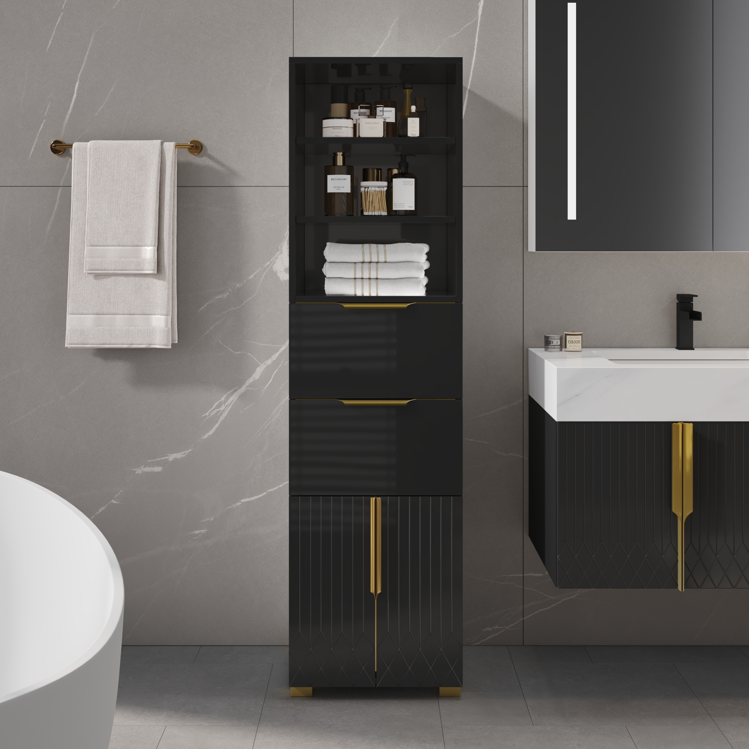 Aro 149cm Bathroom Storage Cabinet Freestanding Linen Tower with Shelves Drawers & Door