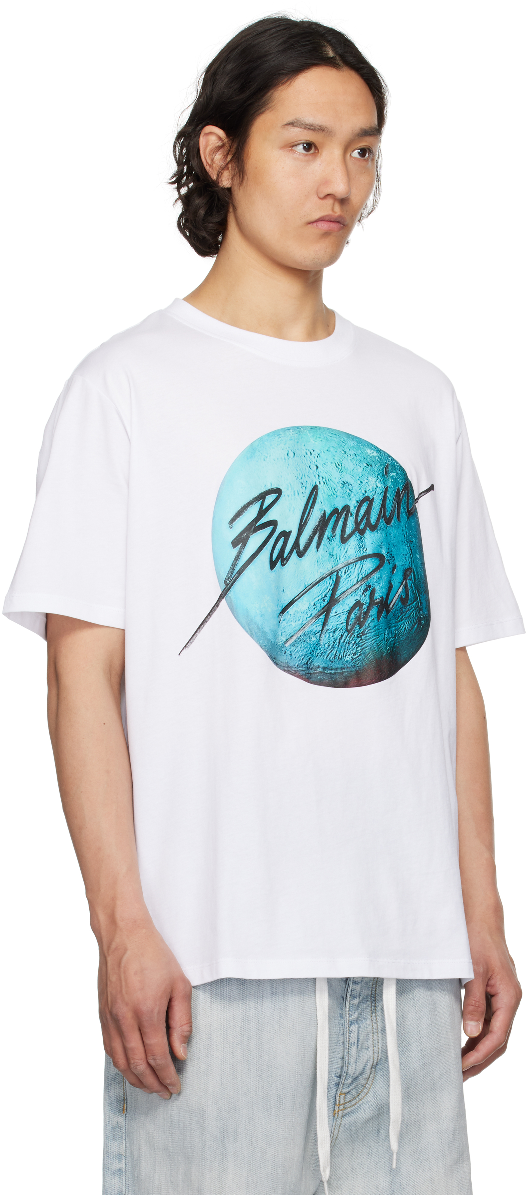 Balmain White Printed 'Balmain Paris' Logo & Planet T-shirt