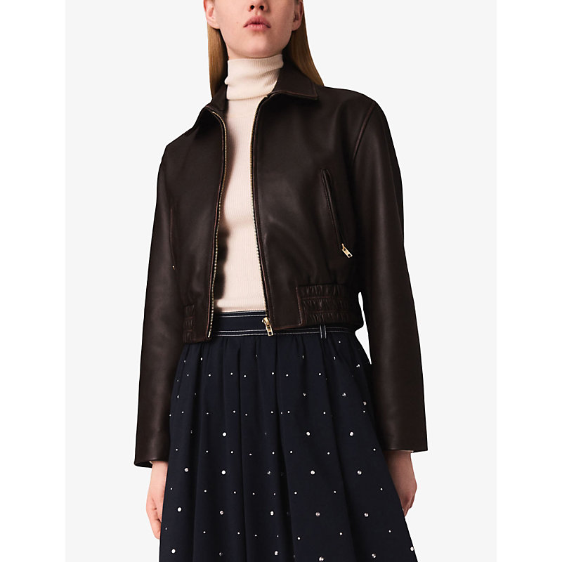 Womens Cropped Smocked-Waist Leather Jacket