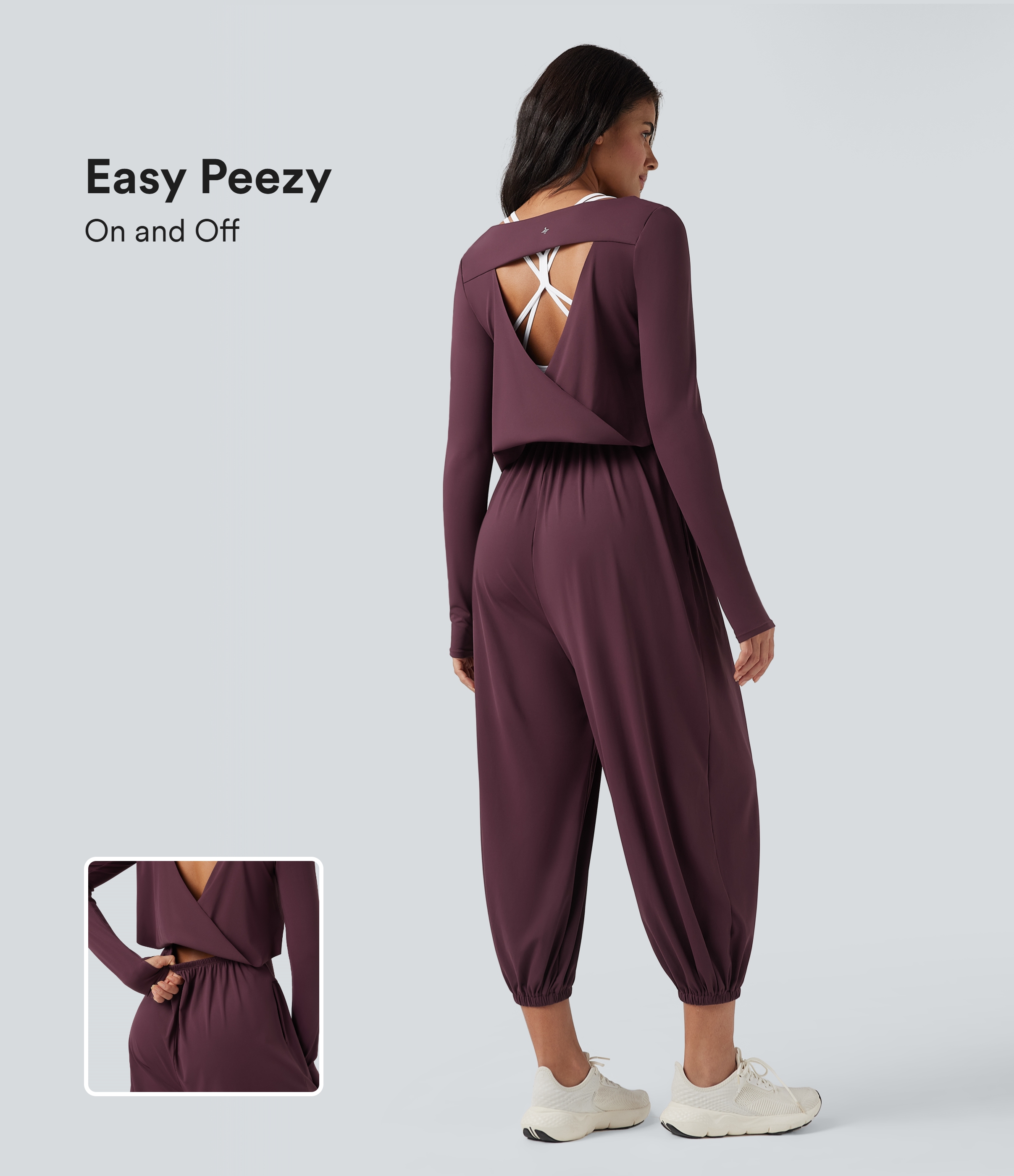 Halara SoftlyZero™ Airy Cut-out Back Long Sleeve Thumb Holes Yoga Jumpsuit with Pockets-Easy Peezy - Fig - XLregular