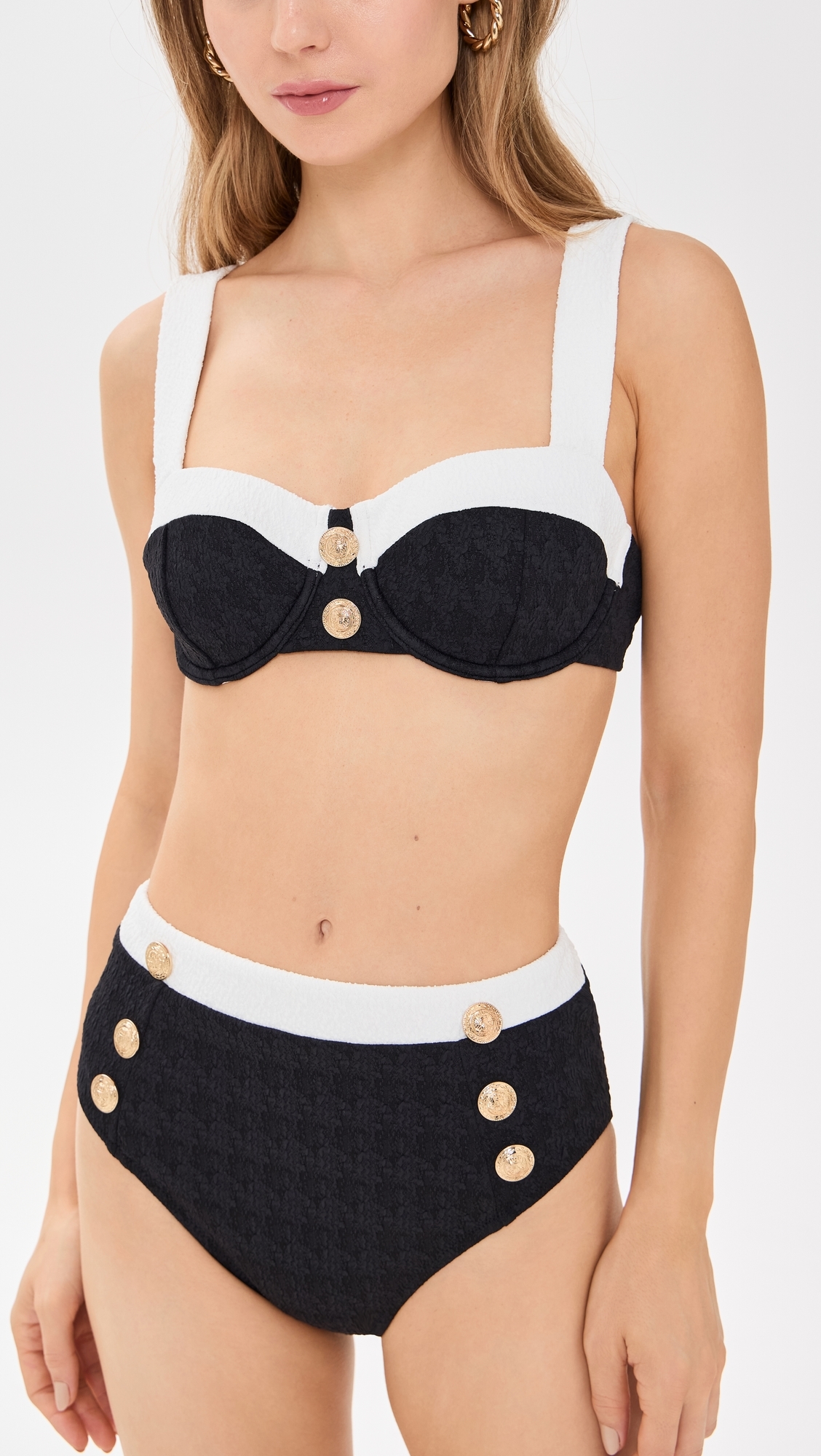 Alexandria Colorblock Chic Structured Bra Top with Gold Buttons Black