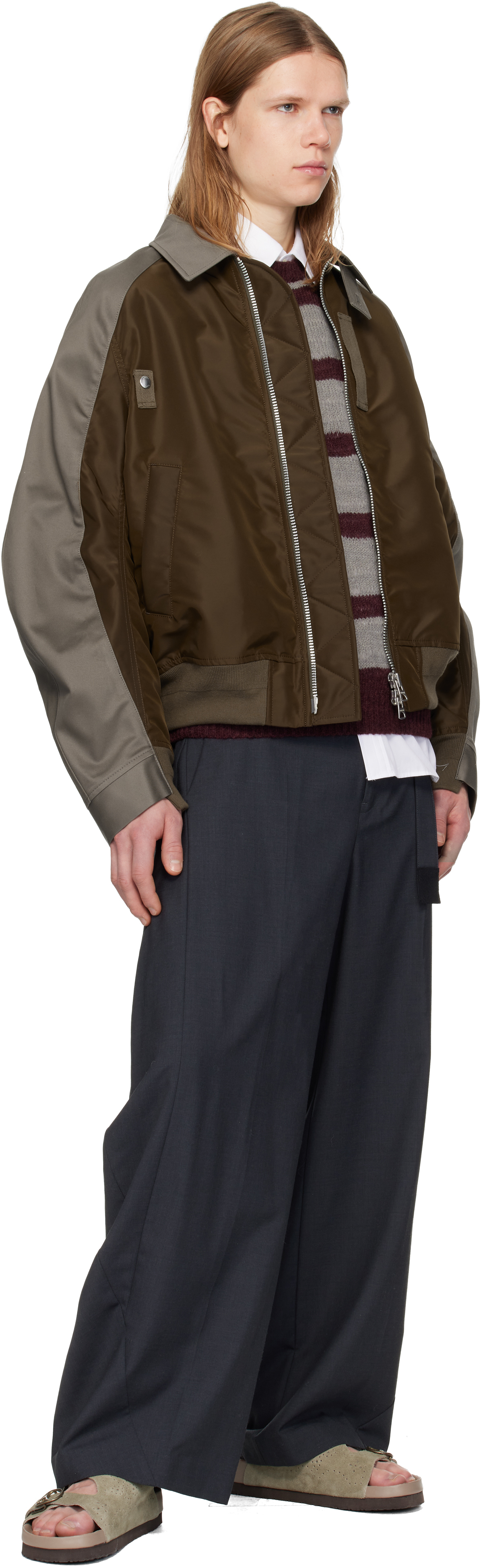Brown & Gray Cotton Chino & Nylon Twill Bomber Jacket