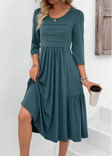 Modlily Turquoise Zipper 3/4 Sleeve Round Neck Dre