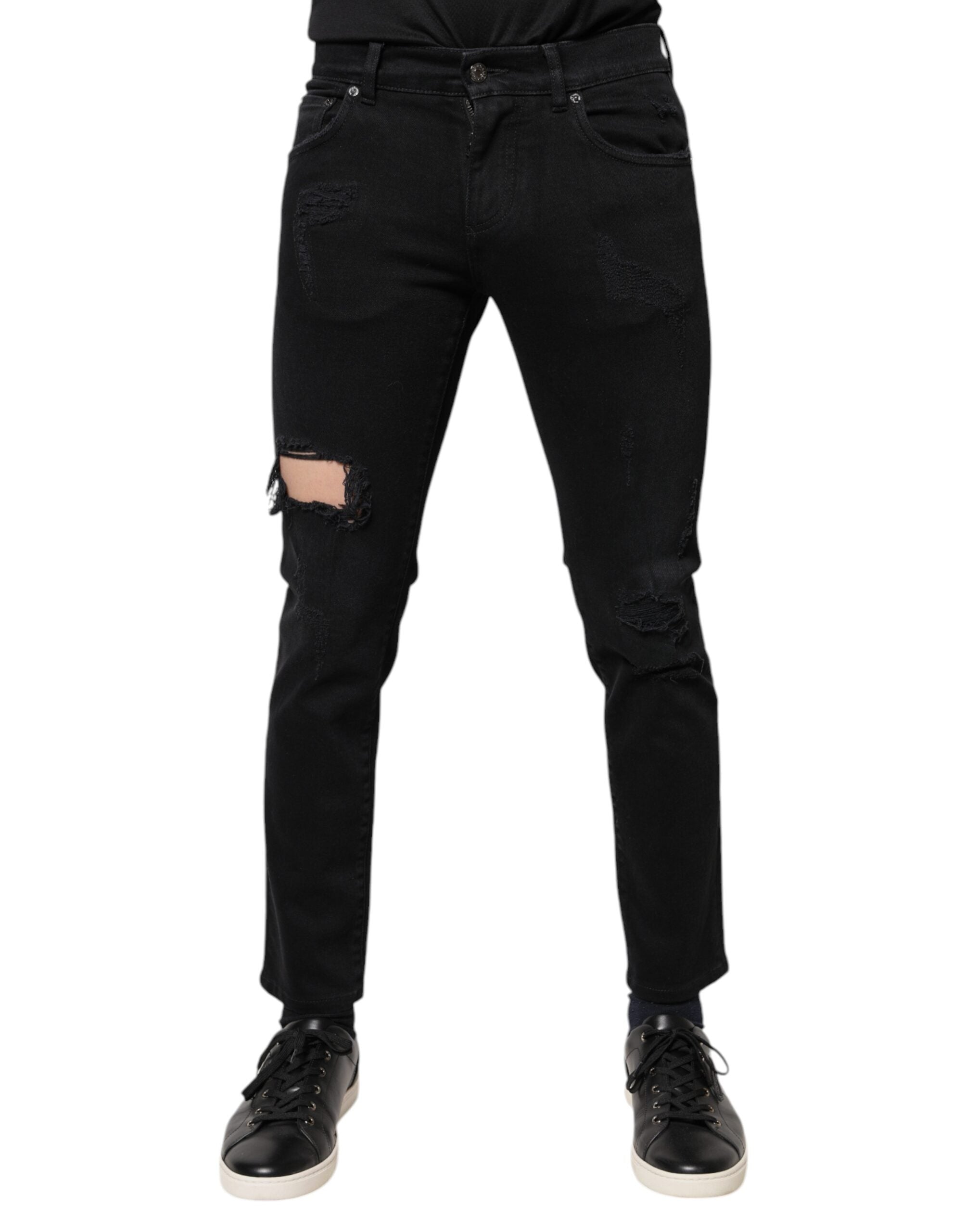 Tattered Skinny Denim Jeans — Black