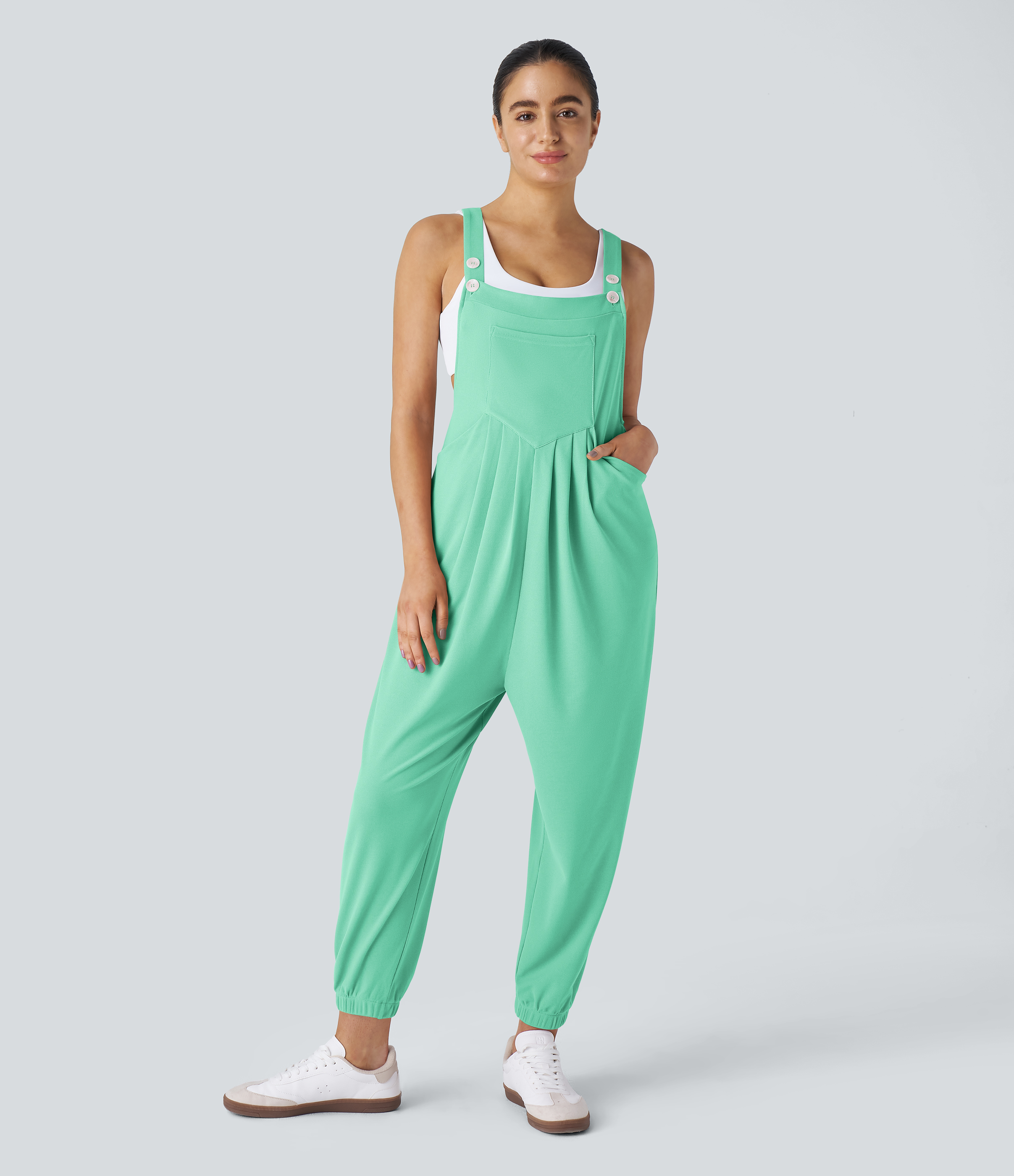 Pockets Waffle Casual Jogger Overalls  - Light Sea Green