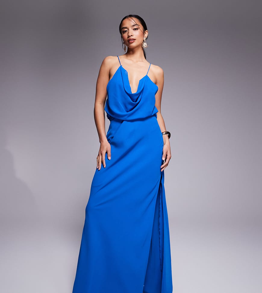 ASOS DESIGN Petite cowl front racer back strappy maxi dress in blue