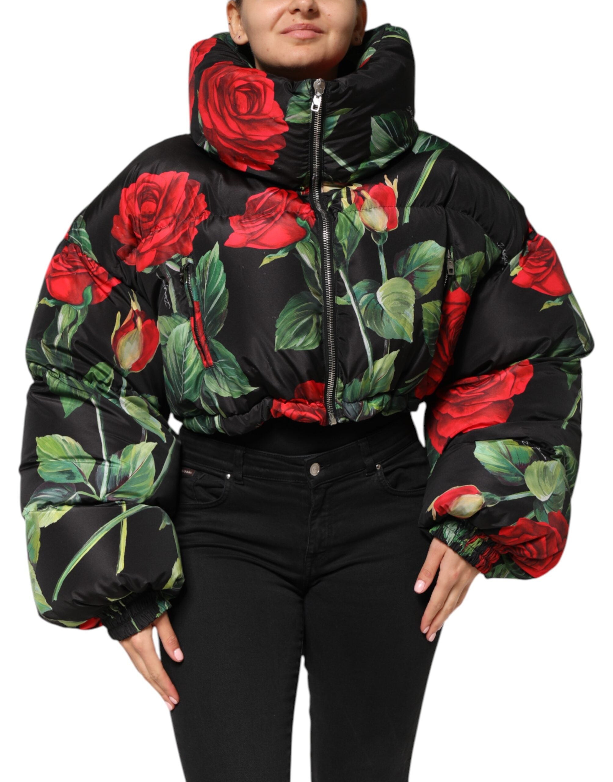 Floral-Print Puffer Puffer Jacket — Black