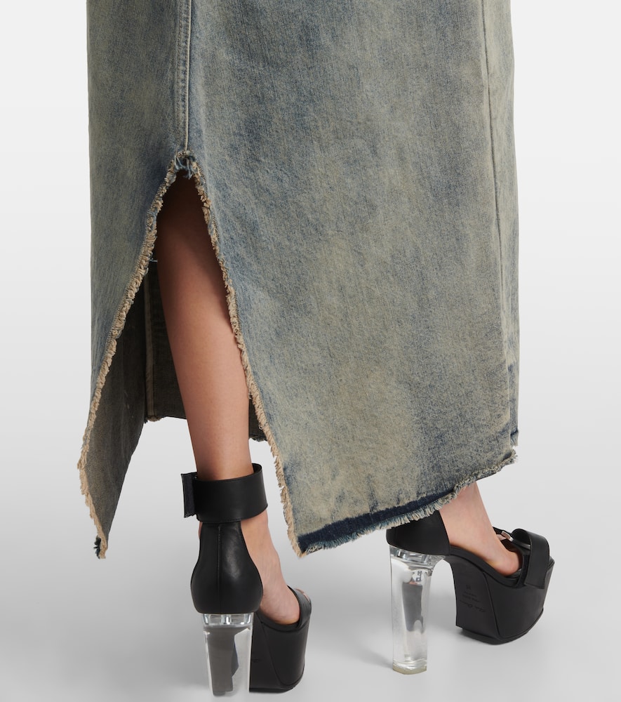 Distressed denim maxi skirt