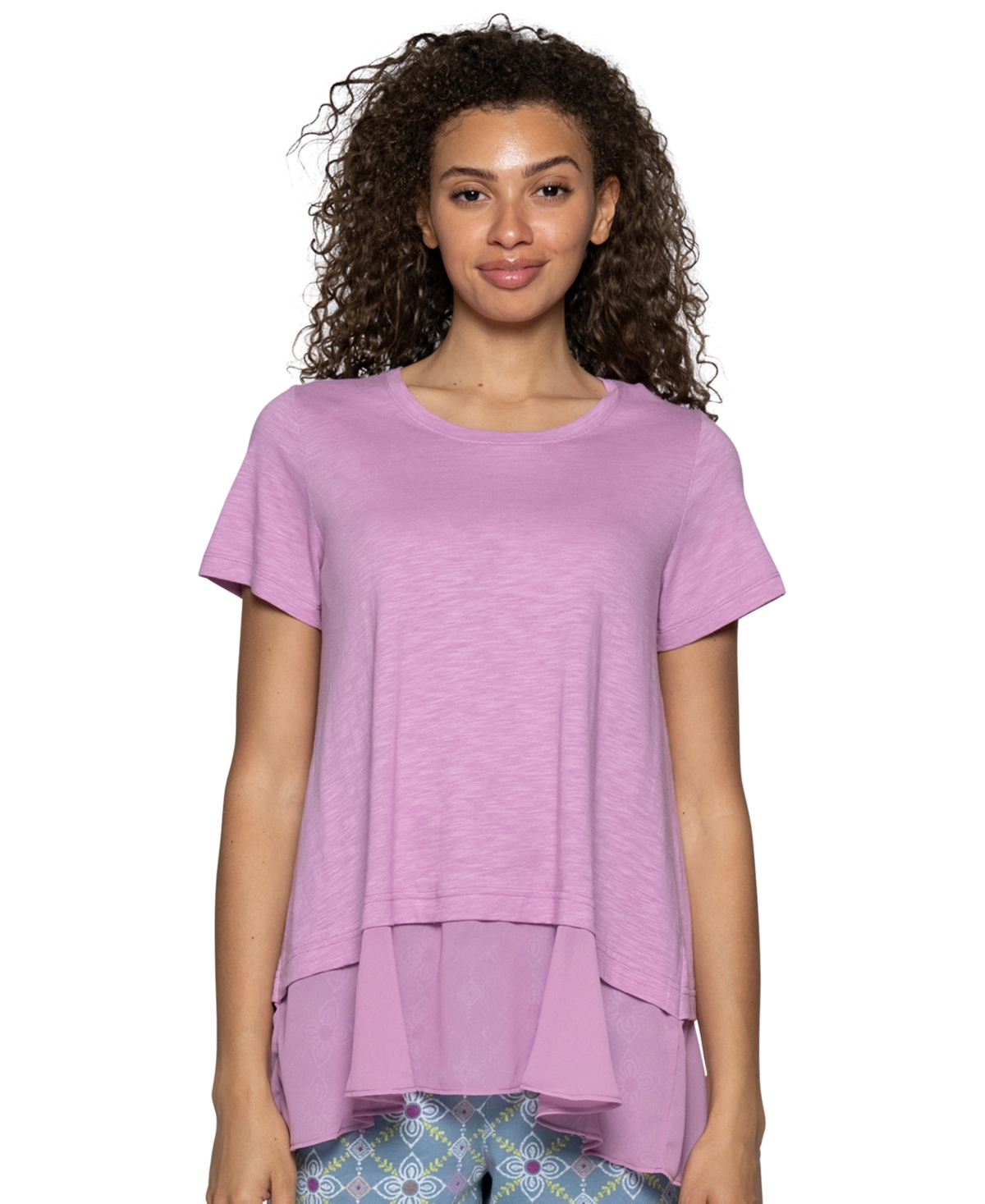 Women's Crewneck Georgette Flounce Cotton-Blend Pj Tee - Smokey Grape