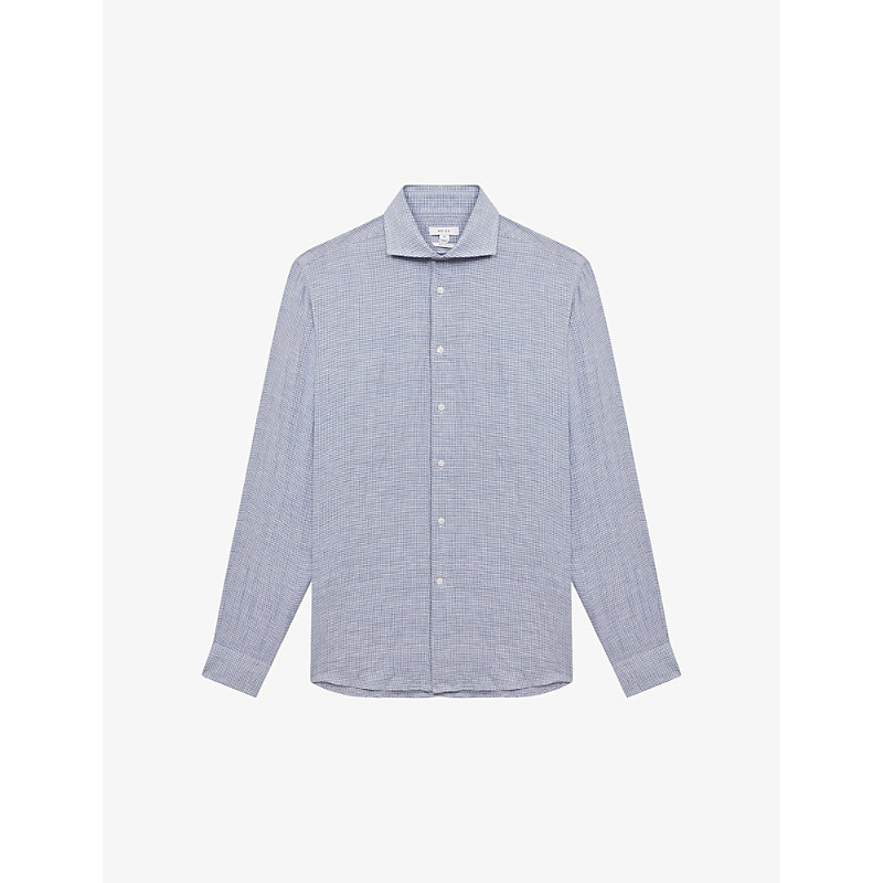 Mens Blue/white Ruban Regular-fit Long-sleeve Linen Shirt XL