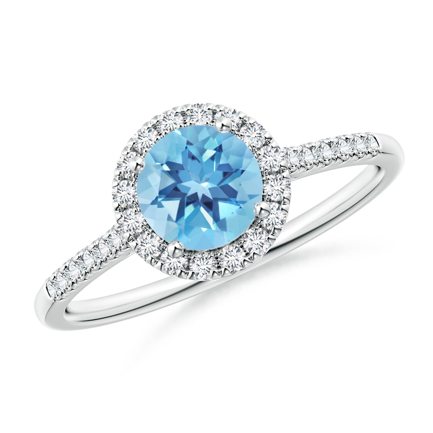 Angara 0.95 Carat Round Swiss Blue Topaz Halo Ring with Diamond Accents in Platinum