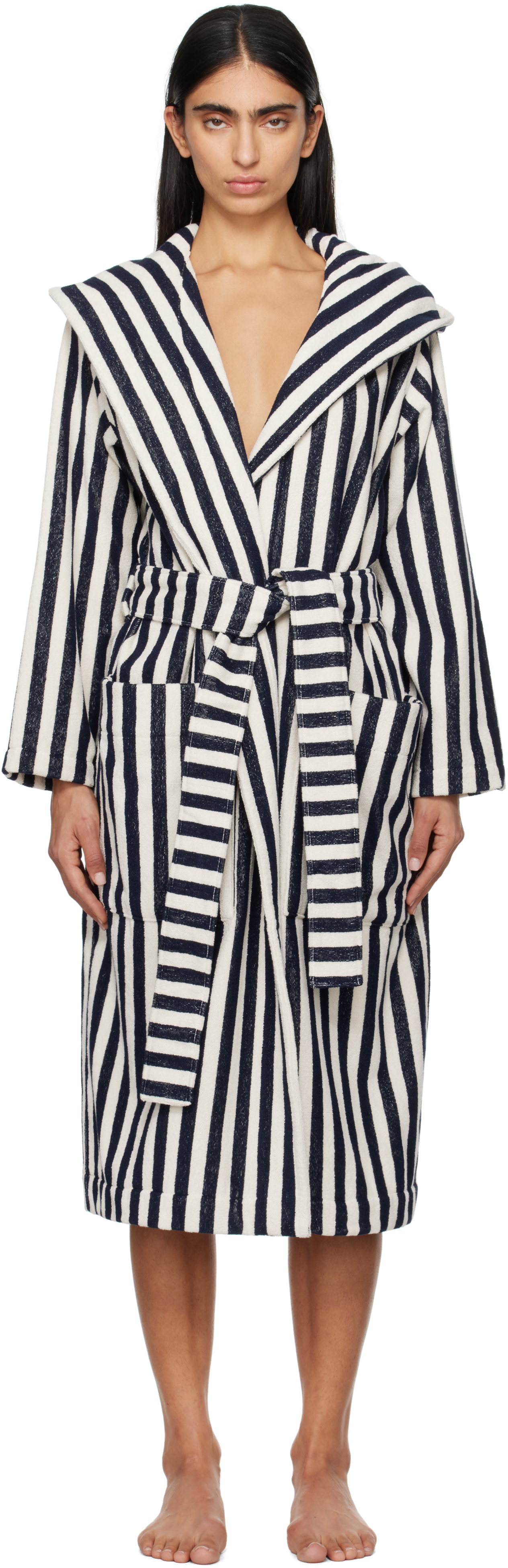 Tekla Black & White Terry Hooded Bathrobe