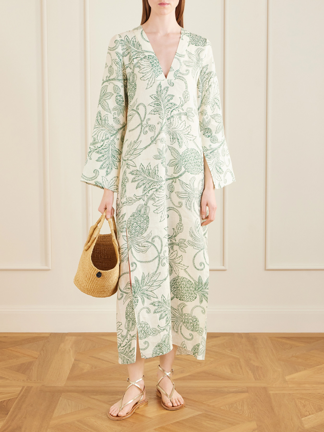 Theodora Printed Linen Maxi Dress - Green