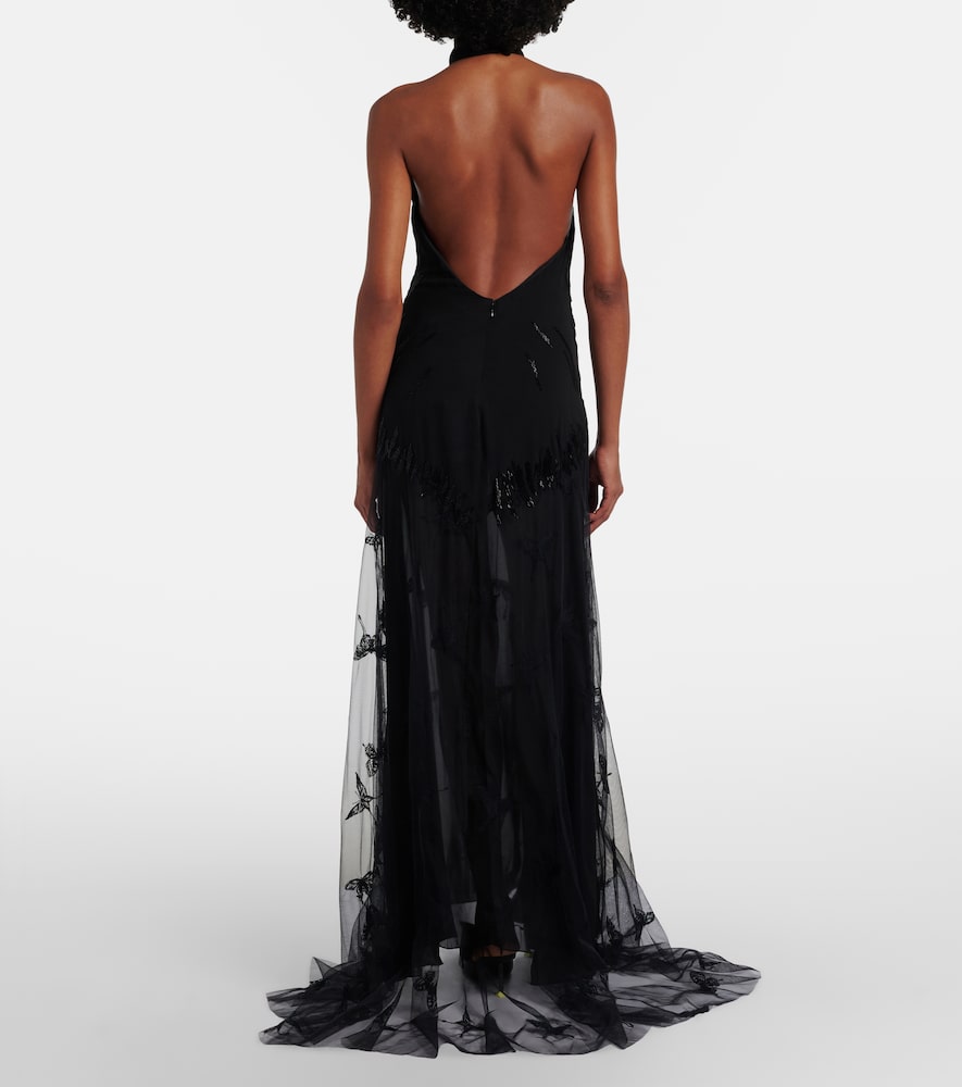 Embellished georgette and lace maxi dress