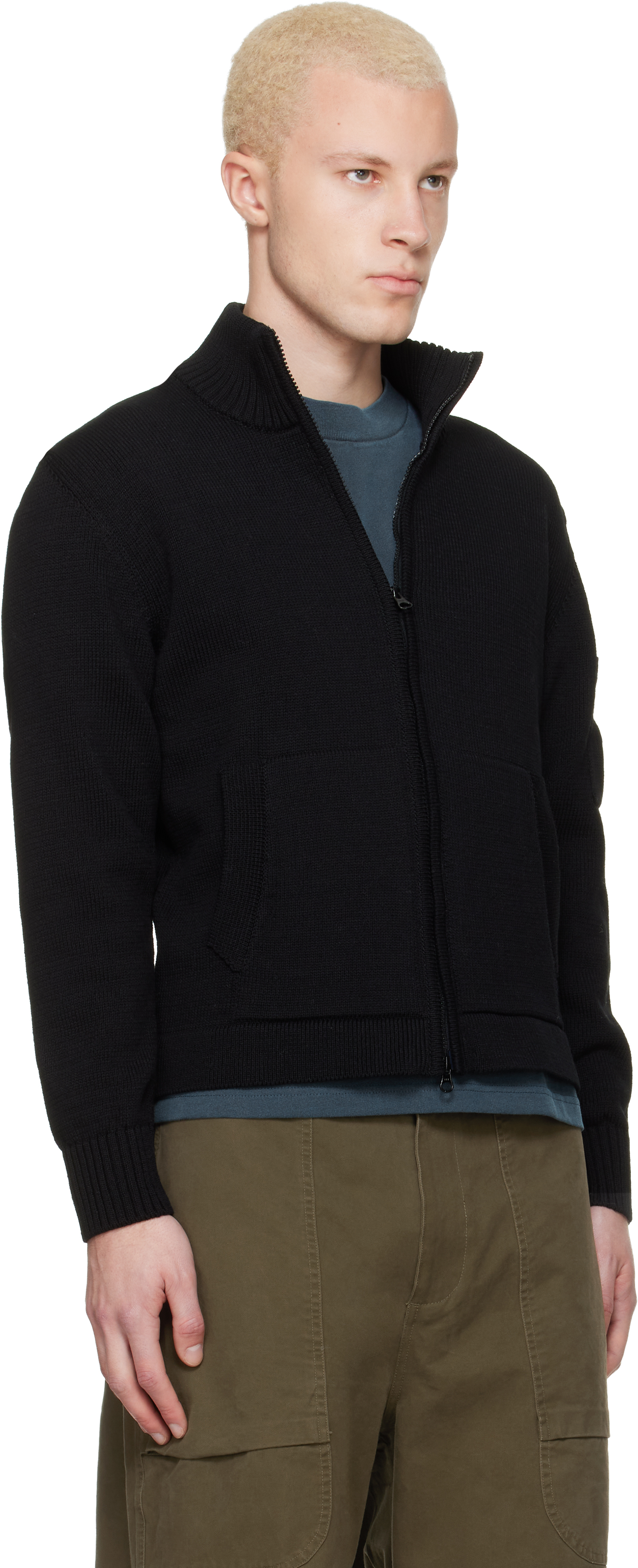 Black Compact Cotton Zipped Cardigan Sweater