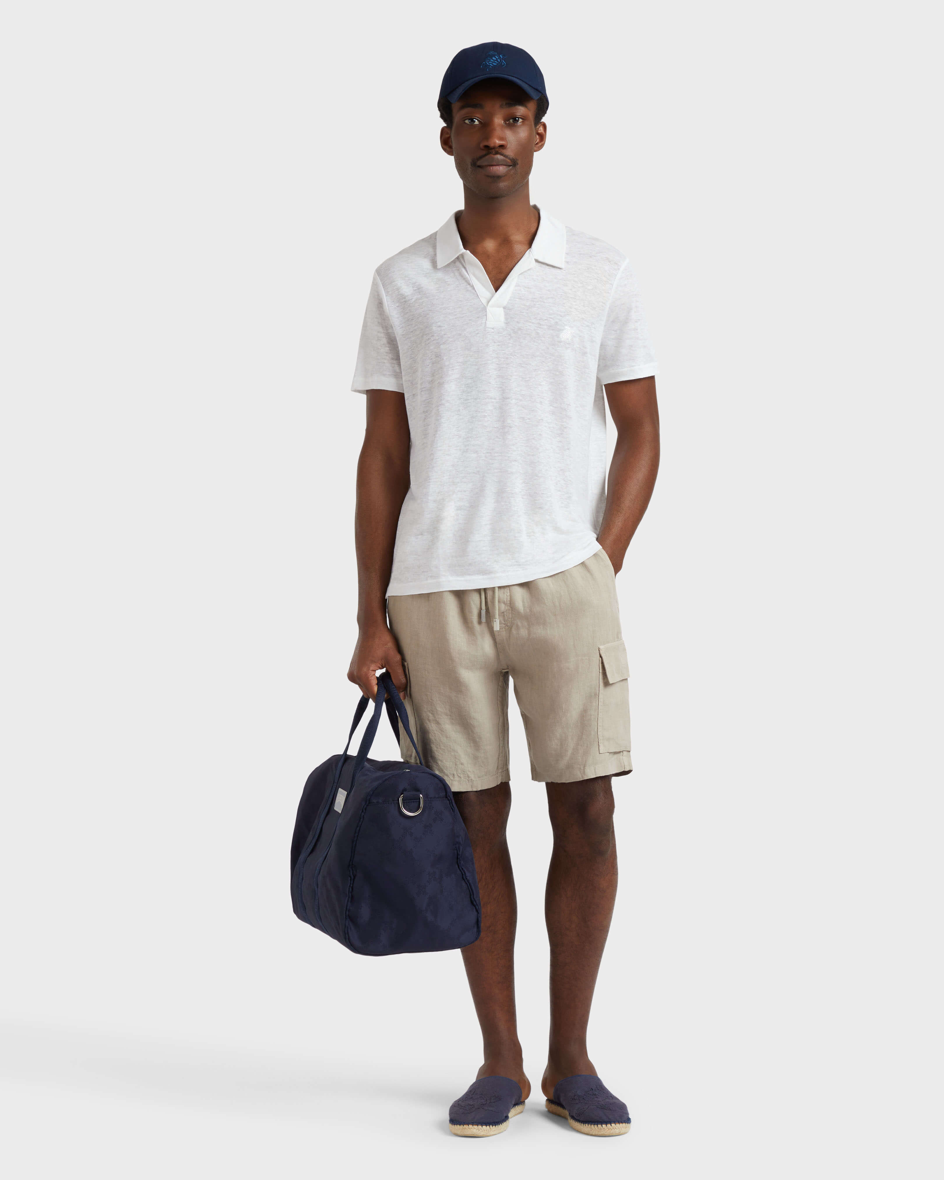 Men Linen Bermuda Shorts Cargo Pockets - Ber - Baie - Beige