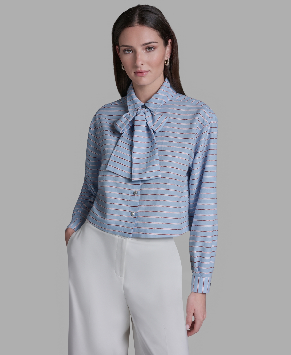 Women's Tie-Neck Long-Sleeve Stripe Blouse - Baby Blue/Rouge Amour