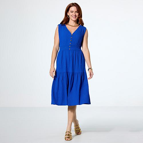 V-Neck Smocked Waist Pebble Tiered Dress - Brown