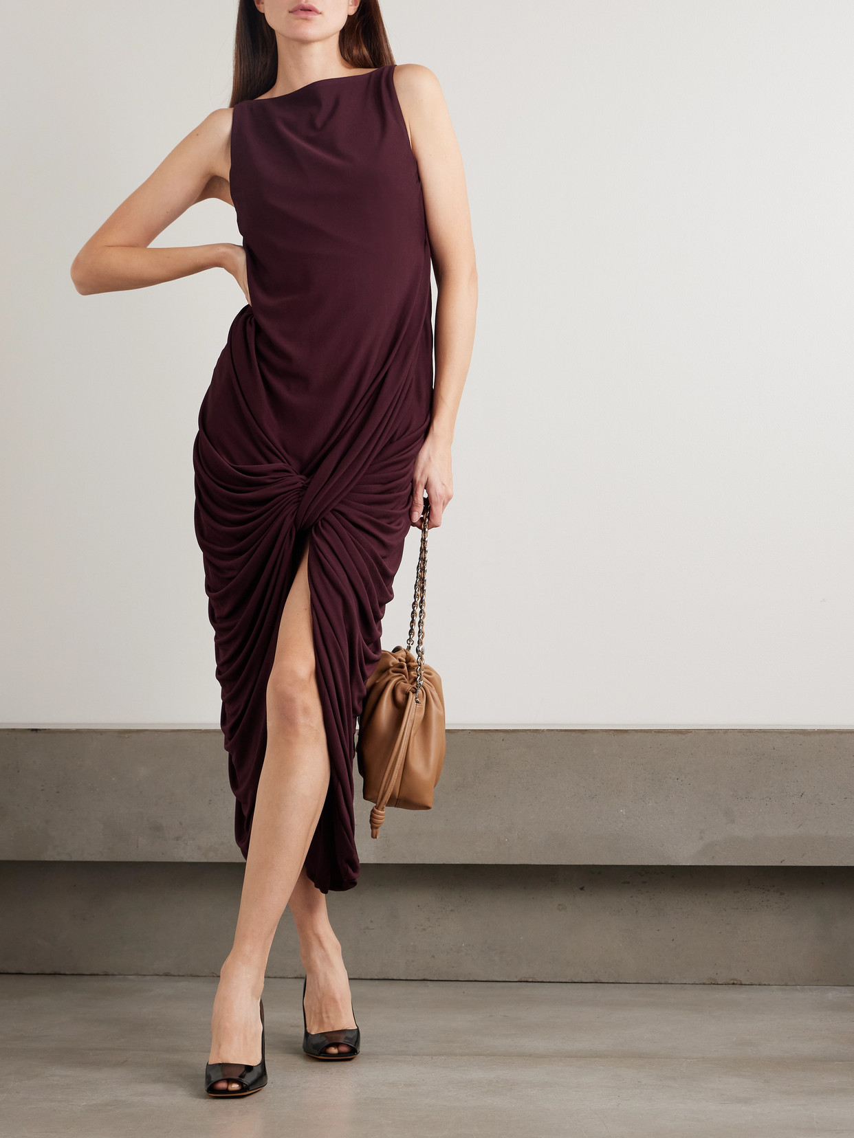 Twisted Gathered Jersey Midi Dress - Burgundy