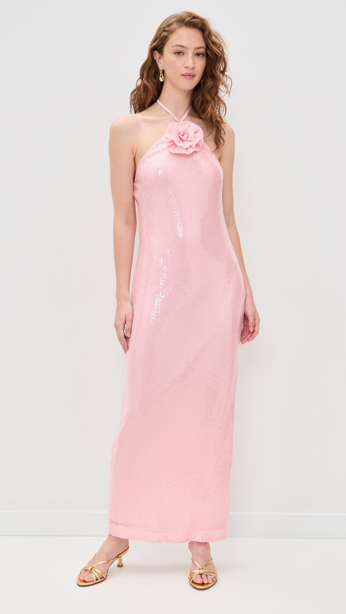 Rose Haltered Sequins Maxi Dress Baby Pink