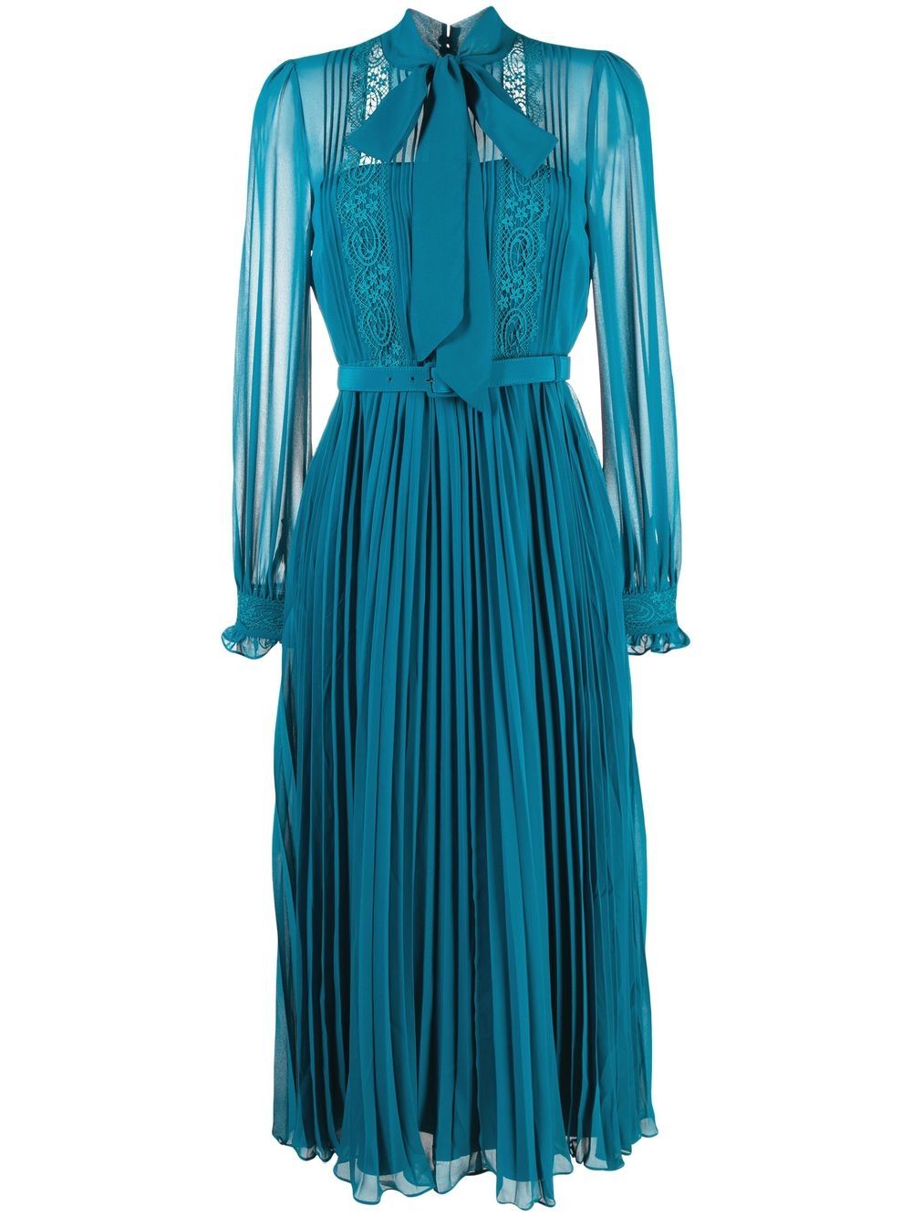 Bow-detail pleated chiffon dress - Blue