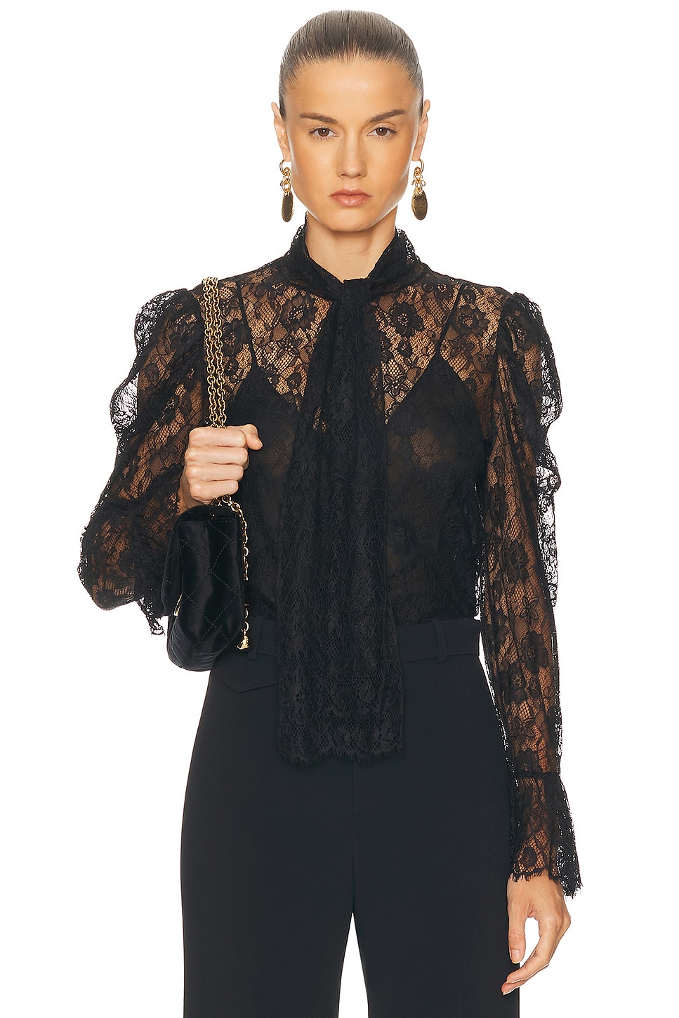 Chloe Jacquard Flower Lace Blouse in Black - Black.  40 also in