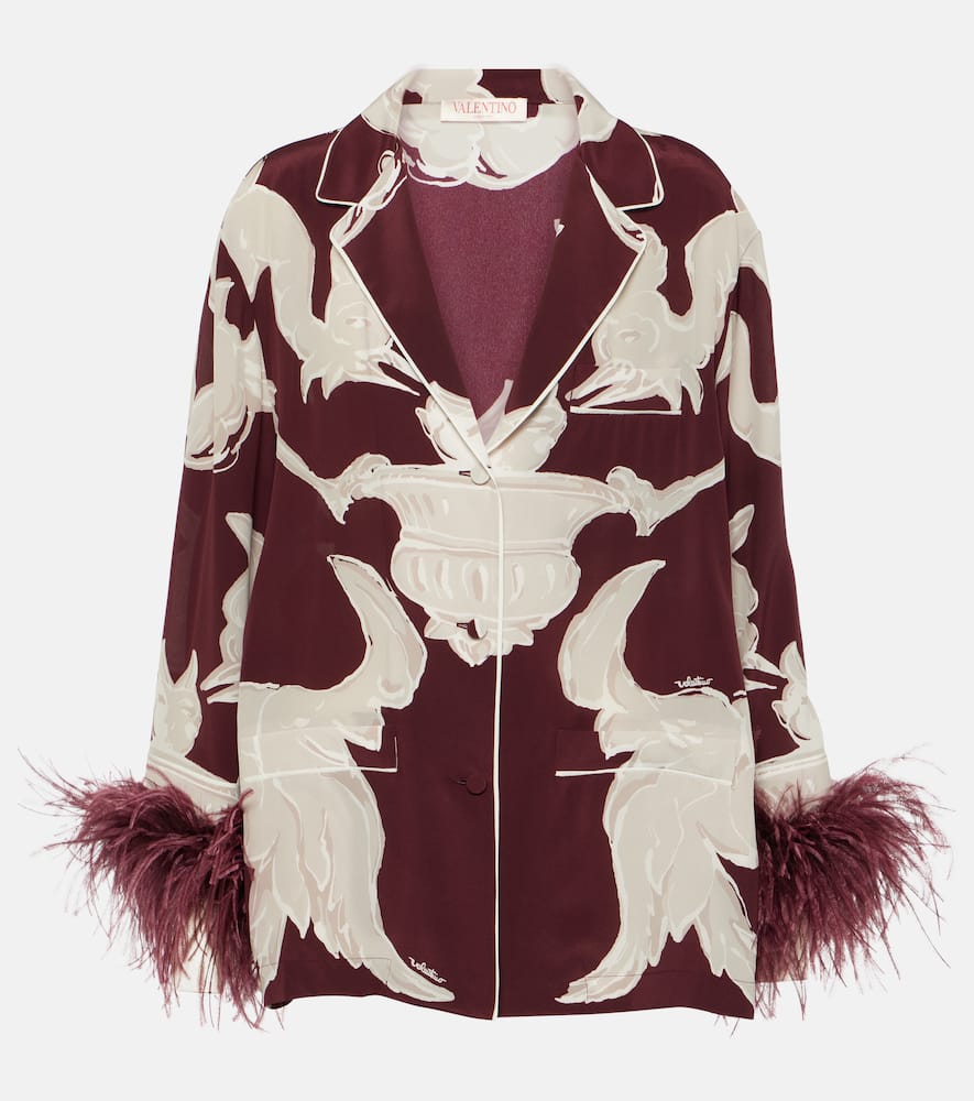 Printed feather-trimmed silk crêpe de chine blouse