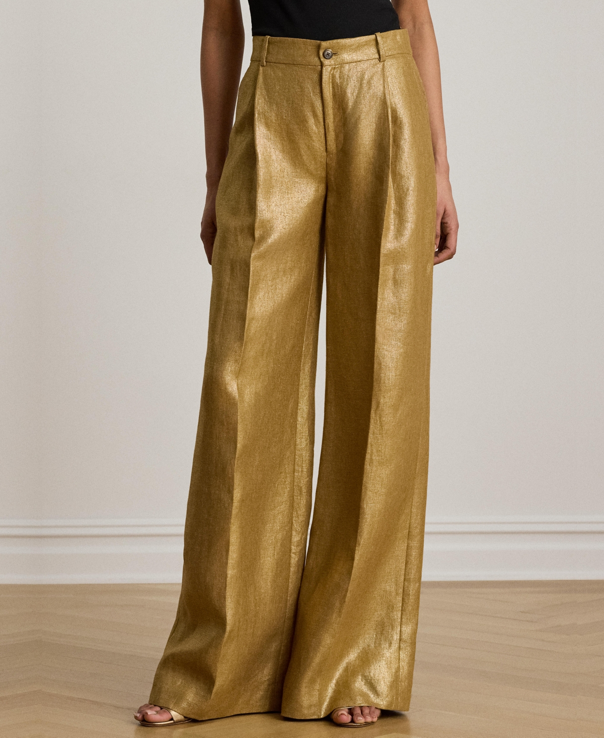 Women's High-Rise Foiled Wide-Leg Pants - Brown/Gold Foil