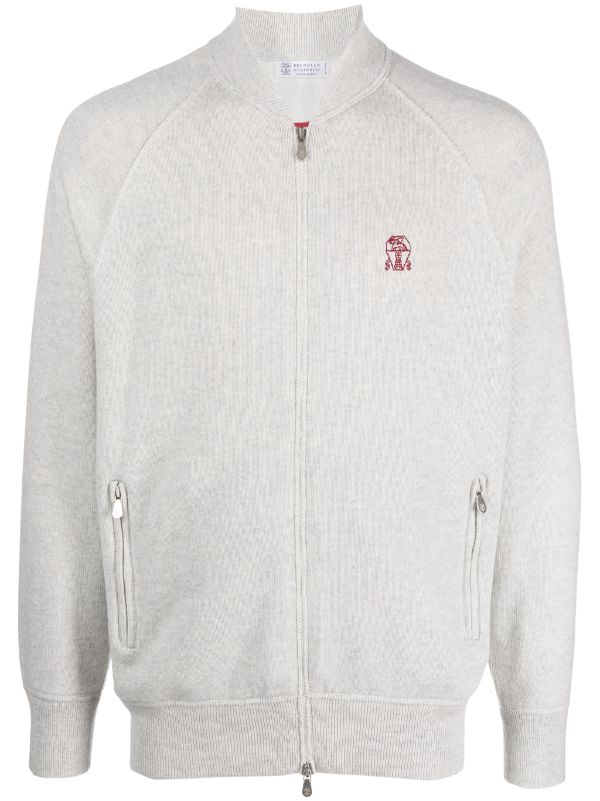 Logo-Embroidered Cashmere Cardigan — light grey