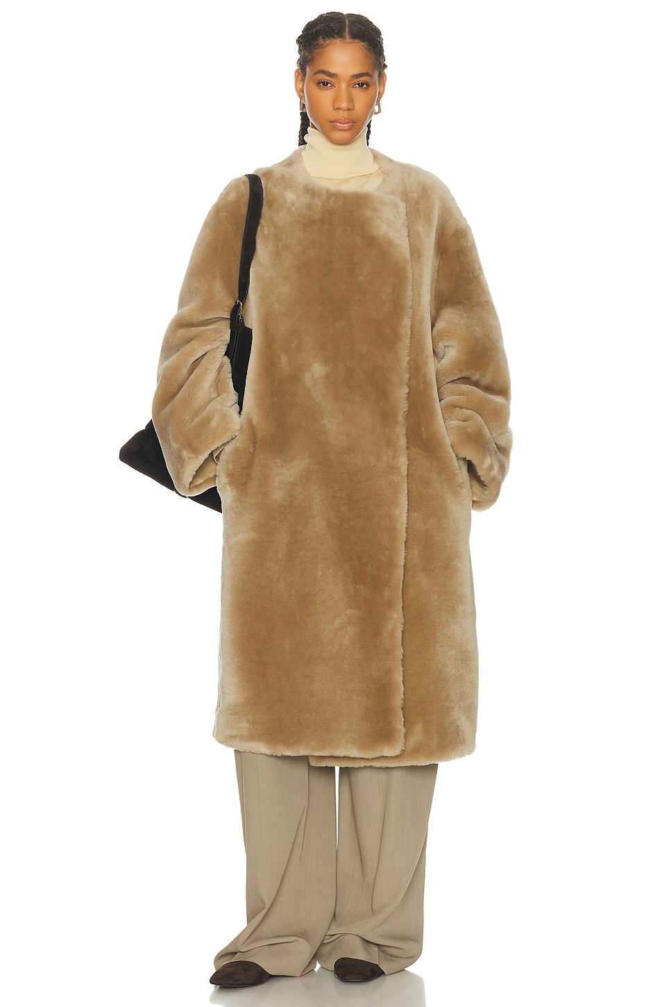 Toteme Collarless Shearling Coat in Rye - Beige. 38 also