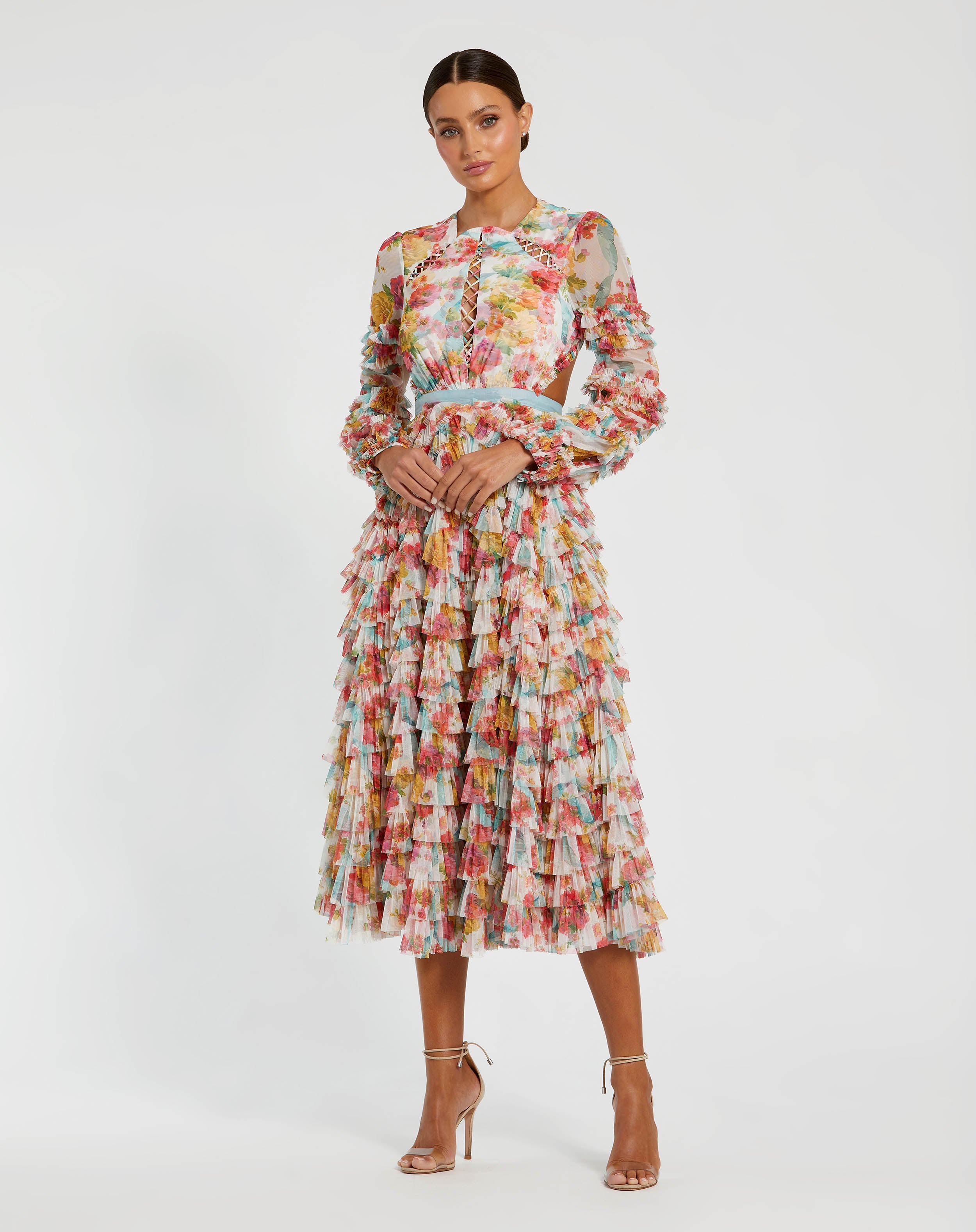 Long Sleeve Tiered Ruffle Cutout Criss Cross Dress In White Multi