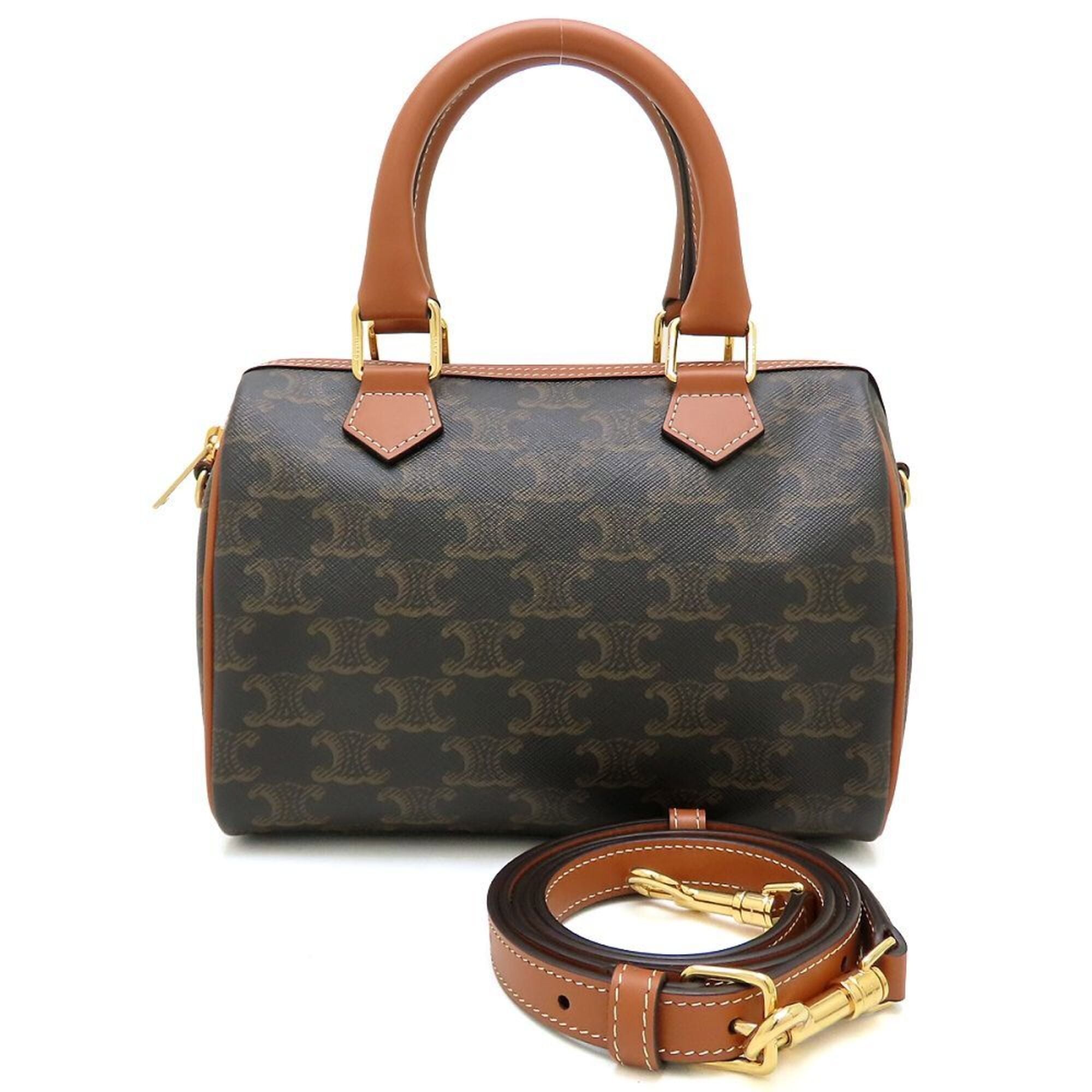Celine Brown Leather Canvas Boston Bag Handbag Pre-Owned