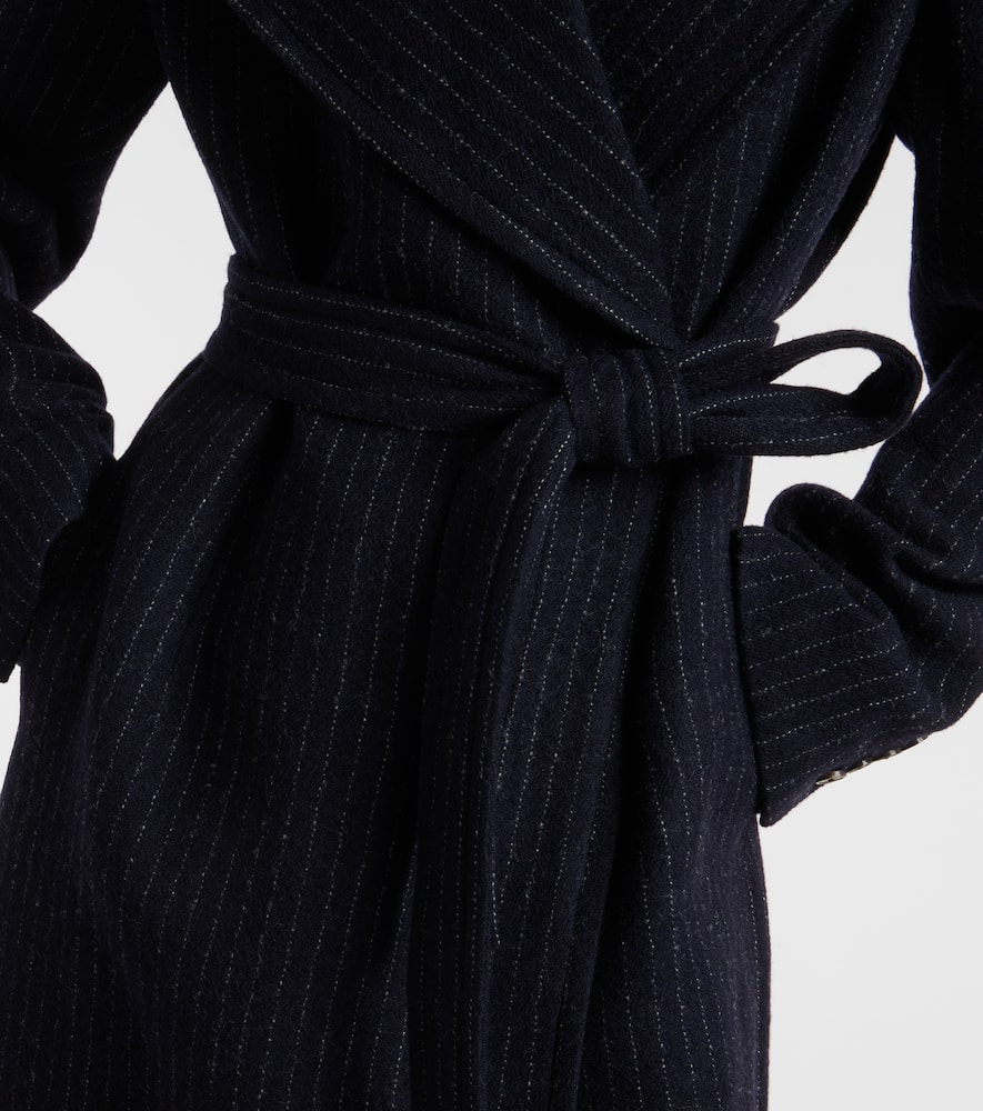 Belted pinstriped wool coat