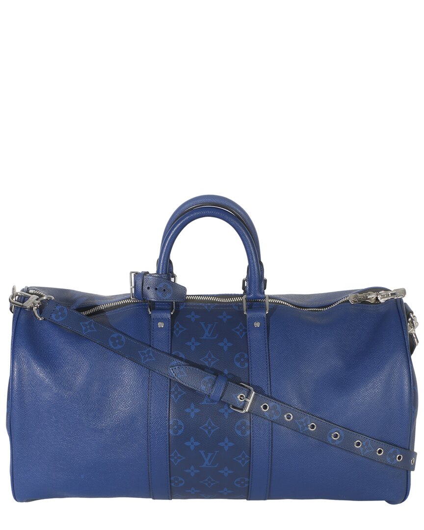 Blue Leather; Canvas Monogram Eclipse Taiga Keepall Bandouliere  45 (Authentic Pre-Loved)