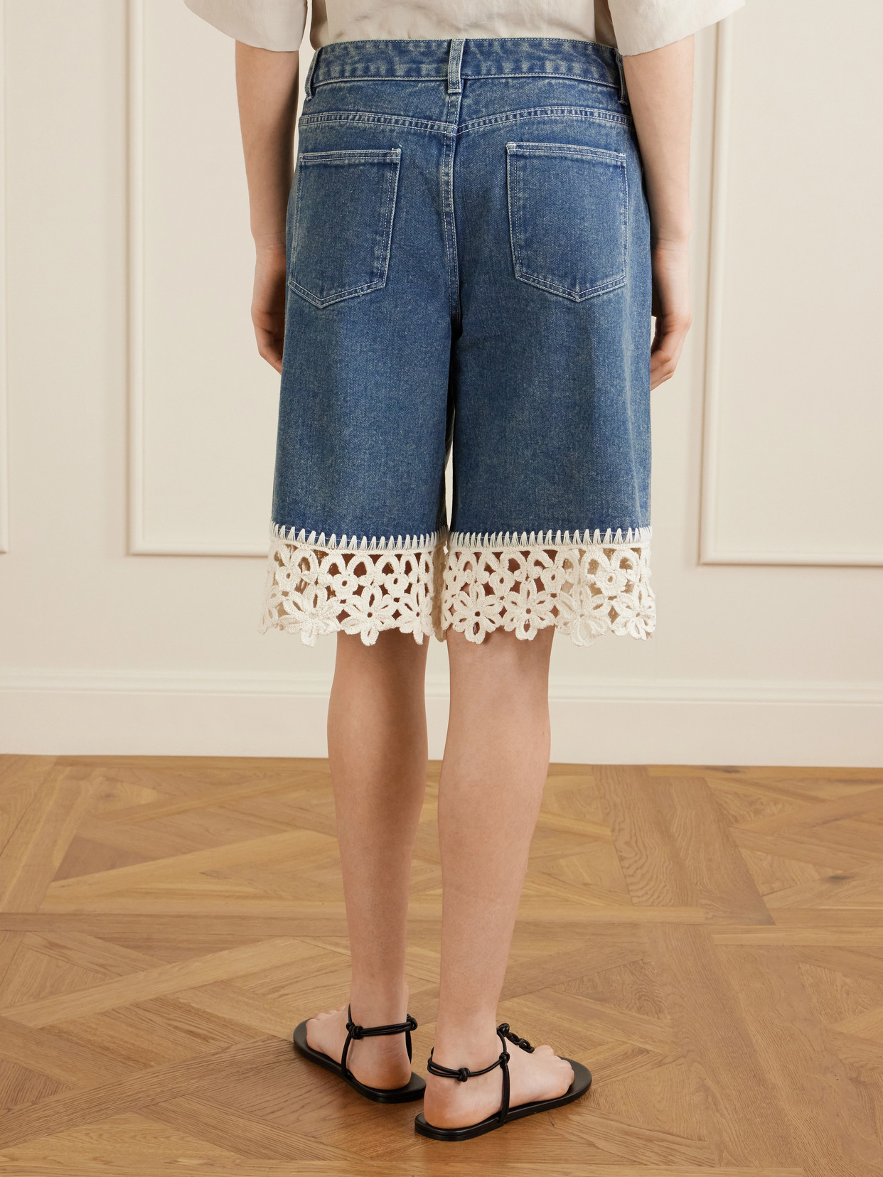 Stasia Crochet-knit Denim Shorts - Blue