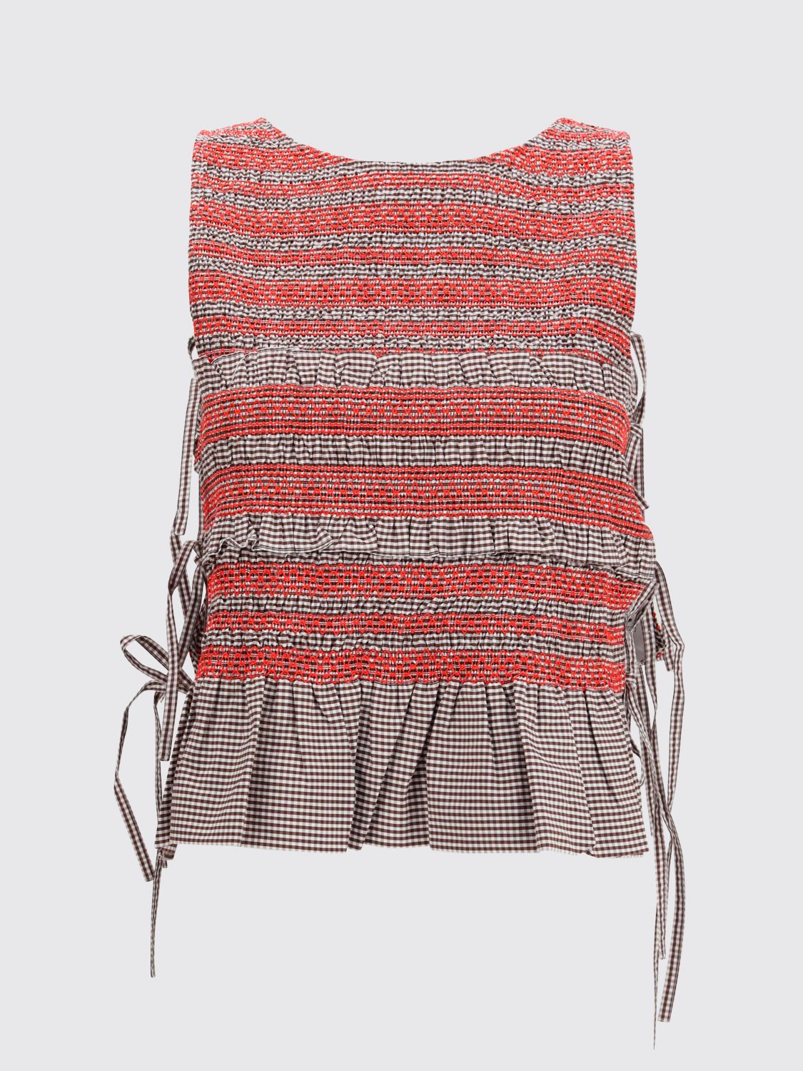 Striped Cotton Top with Tie Fastening and Flounces