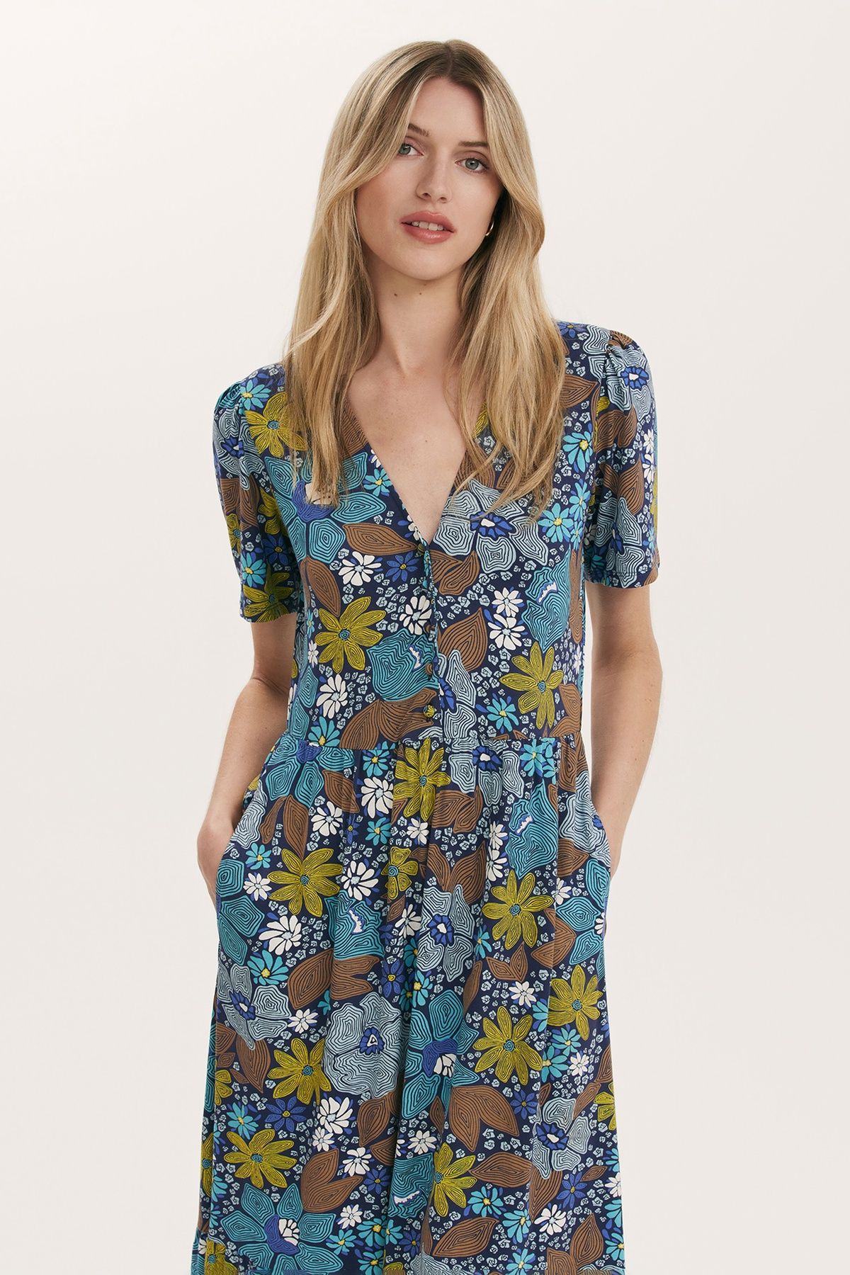 Finery London Edith Floral Jersey Midi Dress In Navy