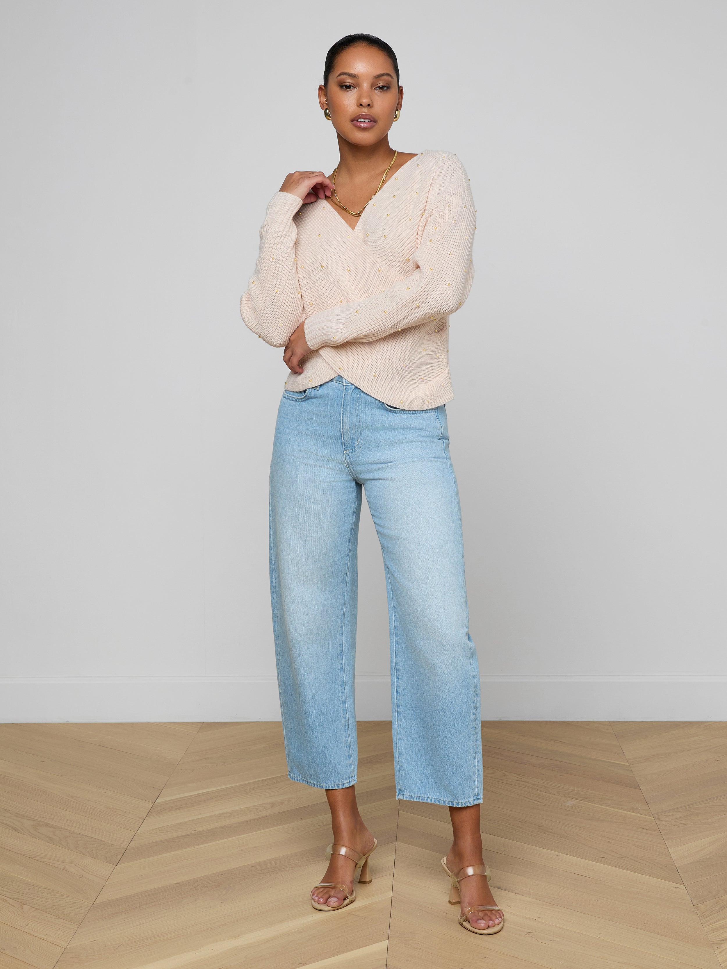 Antonella Crossover Sweater In Soft Blush/gold