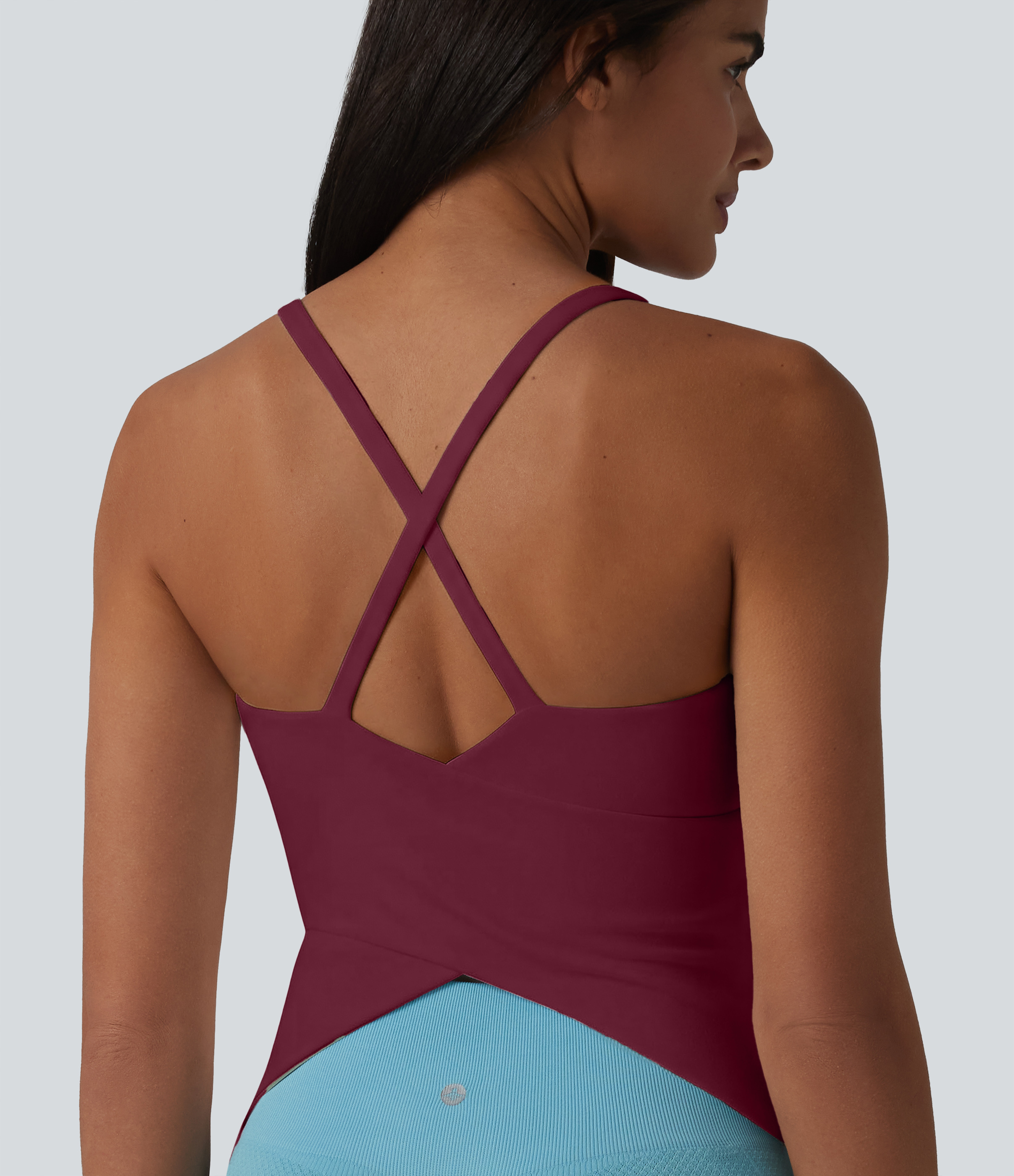 Scoop Neck Crisscross Back Crossover Hem Built-in Bra Yoga Cami Top DD-F Cups Tank Top - Deep Wine