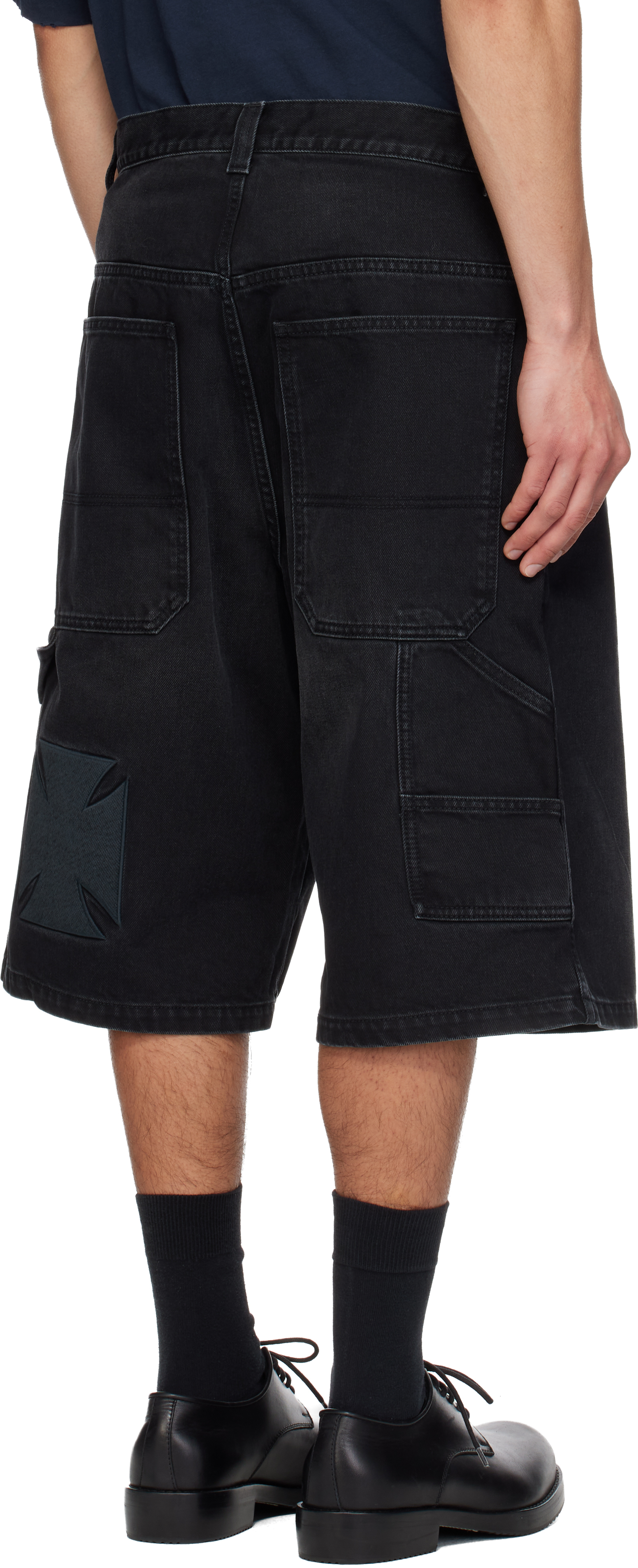 Black Appliqué Biker Cross Hip-Hop Denim Shorts