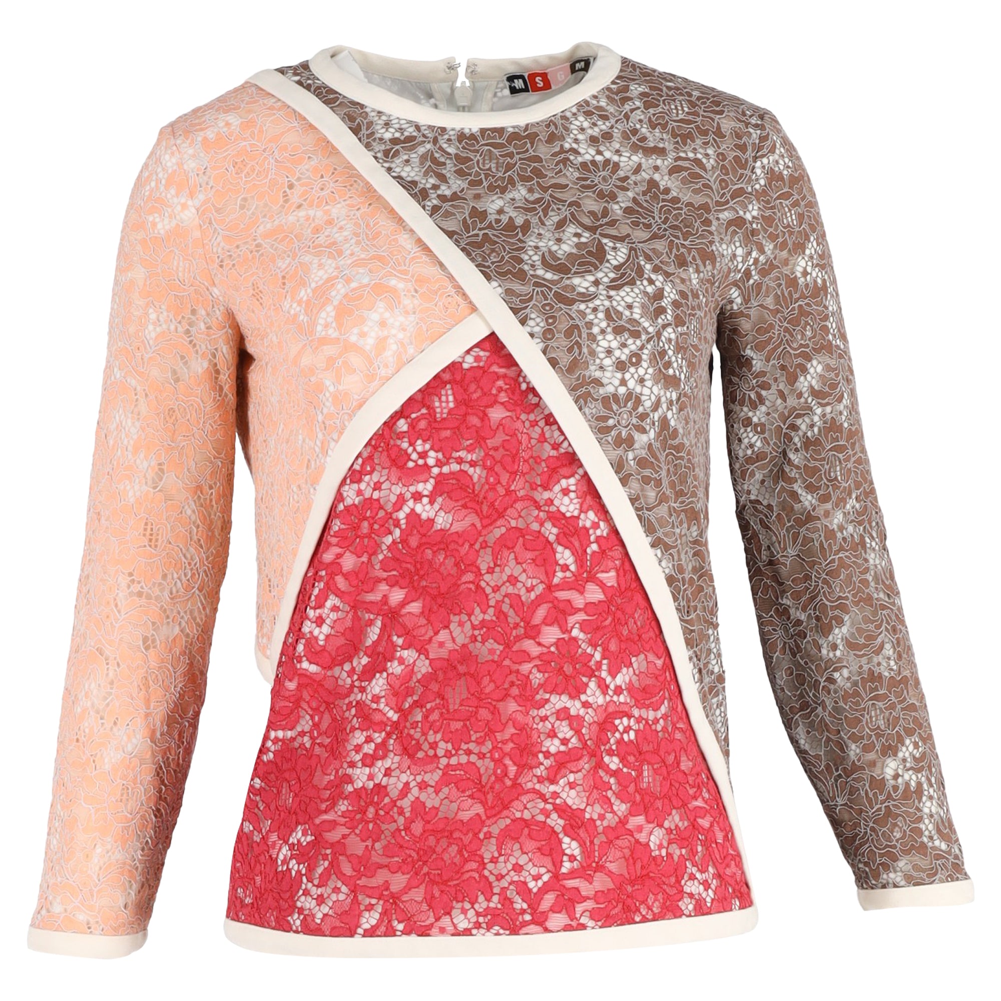 Lace Patchwork Long Sleeve T-Shirt in Multicolor Polyamide