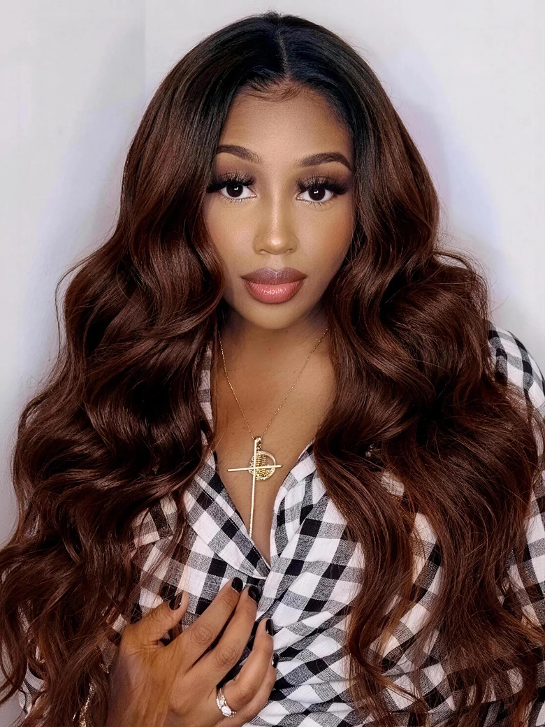 [Flash Sale] UNice Beginner Friendly Hollow Rose V Part Wig No Glue Throw On & Go Red Brown Body Wave Wig With Dark Roots Flash Dea