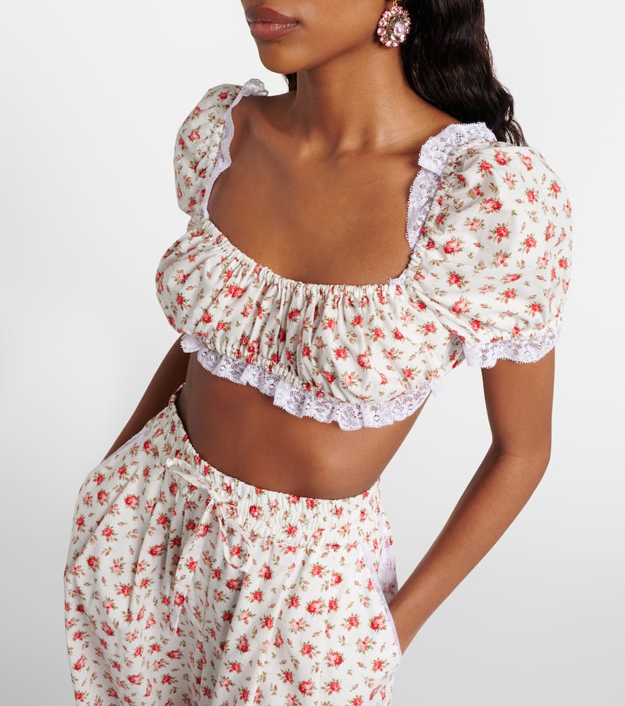 Floral lace-trimmed cotton poplin crop top