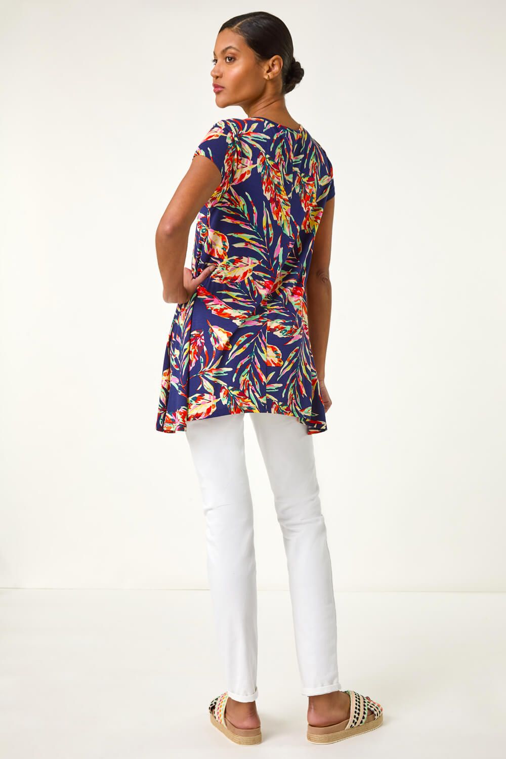 Roman Women's Leaf Print Hanky Hem Tunic Top in Navy