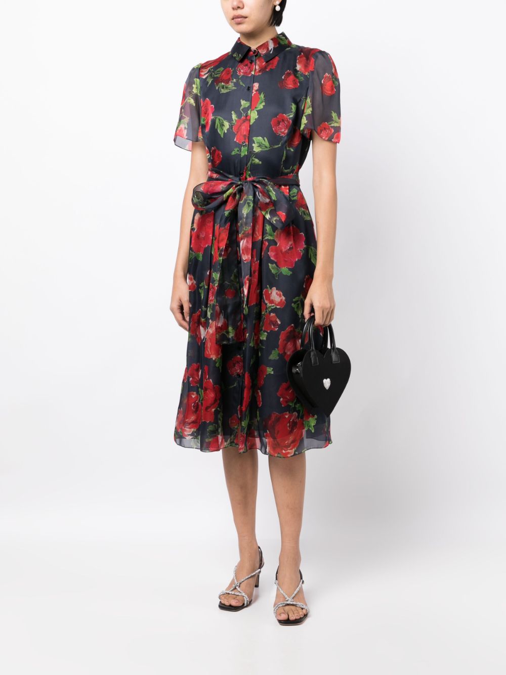 Floral-print belted silk shirt dress - Blue
