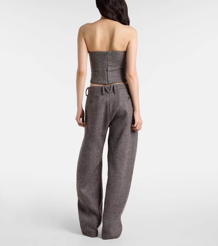 Low-rise herringbone wool-blend barrel-leg pants